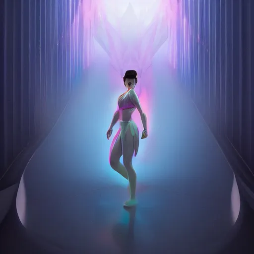 Image similar to long Shot of psychedelic Chun-Li standing in misty chromatic astral temple , stylish, lsd, soft, trending on artstation, cinematic, artwork by WLOP