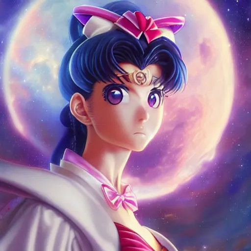 Image similar to highly detailed vfx portrait of sailor moon!!! by eiichiro oda!, stephen bliss, greg rutkowski, loish, rhads, beeple, makoto shinkai, tom bagshaw, alphonse mucha, sharp focus, art by artgerm and greg rutkowski, stanley kubrick, backlit, harsh overhead sunlight,