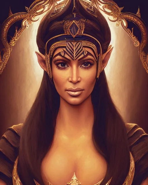 Image similar to A film still of kim kardashian as princess zelda in real life, highly detailed, digital painting, artstation, concept art, sharp focus, illustration, cinematic lighting, art by artgerm and greg rutkowski and alphonse mucha diffuse lighting, fantasy, intricate, elegant, highly detailed, lifelike, photorealistic, digital painting, artstation, illustration, concept art, smooth, sharp focus, art by John Collier and Albert Aublet and Krenz Cushart and Artem Demura and Alphonse Mucha