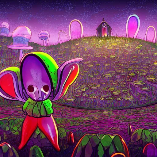 Image similar to 4 k headshot portrait of a psychedelic demonic anthropomorphic bunny rabbit with mushroom themed clothes, magic mushroom village in background. award winning, stylized neon, post - processing, masterpiece, superb resolution. in the art style of junji ito and greg rutkowski. detailed mushroom city in background. hyper realistic anime. perfect art. dalle 2