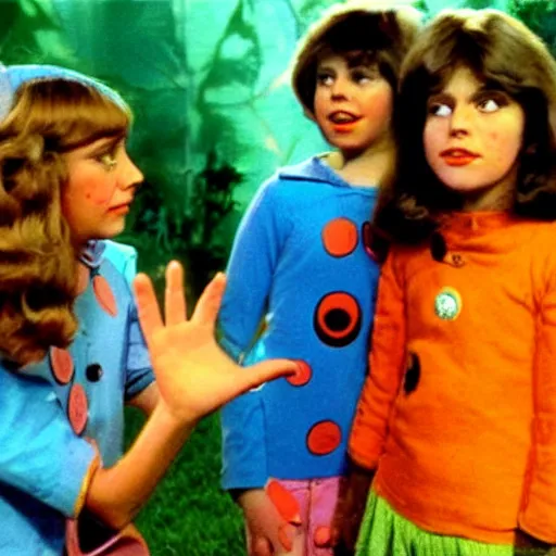 Image similar to still from 1978 live-action children's tv show about a woman who enters an eyeball cult color