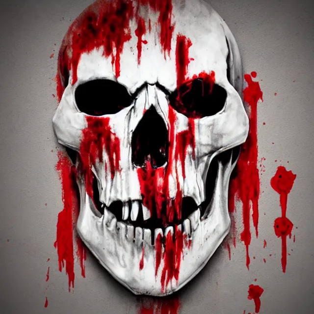 Prompt: skull centered facing the camera, blood pouring out from its mouth, mortal kombat, spray paint