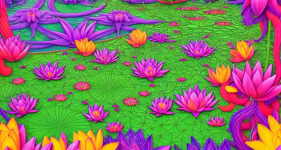 Prompt: psychedelic 3d vector art illustration of garden full of exotic lotus flowers and tentacles by Lisa frank, Beeple and Tim Hildebrandt, hyper realism, Art Nouveau , intricate, elegant, highly detailed, unreal engine, octane render, artstation, smooth, sharp focus, sharp contrast