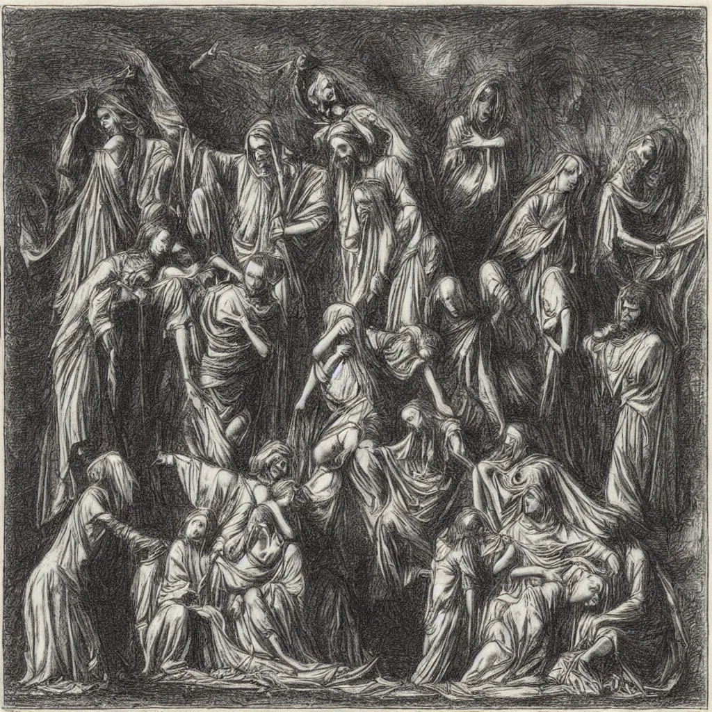 Image similar to a gustav dore etching of 3 maria's crying at the death of christ