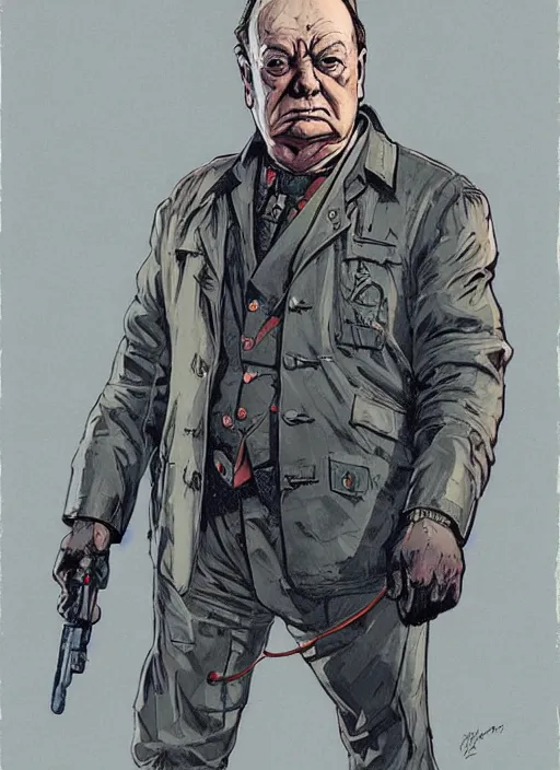 Image similar to winston churchill. cyberpunk mercenary in tactical harness and jumpsuit. portrait by stonehouse and mœbius and will eisner and gil elvgren and pixar. realistic proportions. dystopian. cyberpunk 2 0 7 7, apex, blade runner 2 0 4 9 concept art. cel shading. attractive face. thick lines.