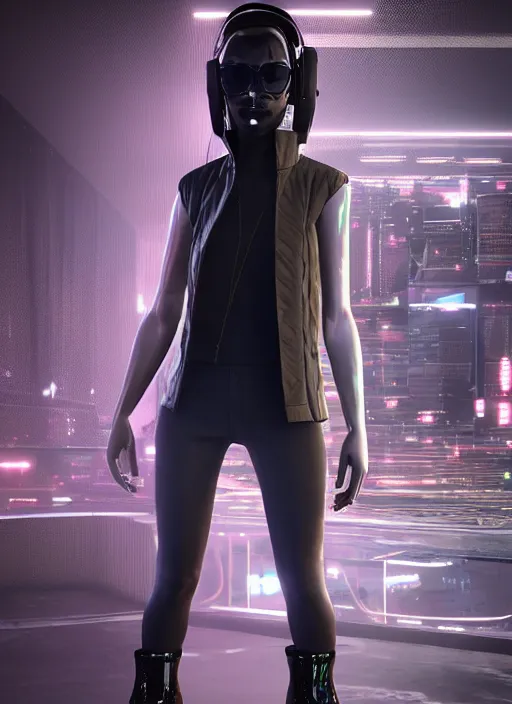 Image similar to haute couture, clothing setting for girl, model standing pose, futurism, vest, princess sleeve jacket, shorts, boots, headphones, cyberpunk style, render by octane and blender, hyper realistic, hyper detailed