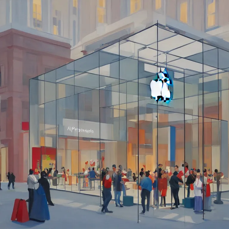 Prompt: inside apple store on opening day in London, painted by Edward Hopper, painted by James Gilleard, airbrush