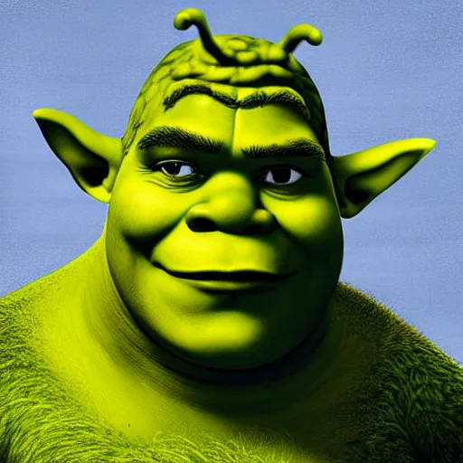 Prompt: Extremely detailed portrait of Shrek, by Miguel Vasquez