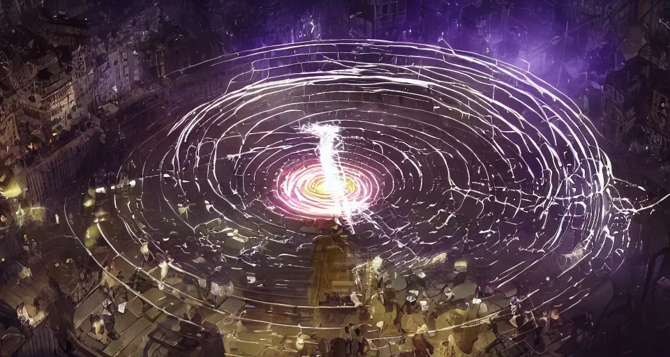 Image similar to people and a spiral - shaped white luminous attractor is floating near saint - petesburg, concept art, art for the game, professional lighting, art