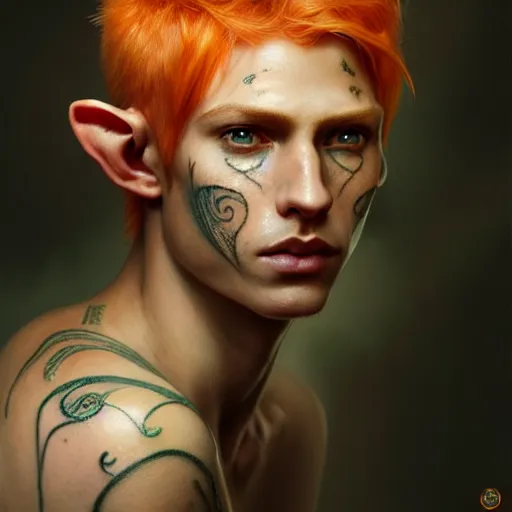 Image similar to portrait painting of an elven eladrin young man with short light orange hair and freckles and tribal tattoos on his cheekbones, ultra realistic, concept art, intricate details, eerie, highly detailed, photorealistic, octane render, 8 k, unreal engine. art by artgerm and greg rutkowski and charlie bowater and magali villeneuve and alphonse mucha