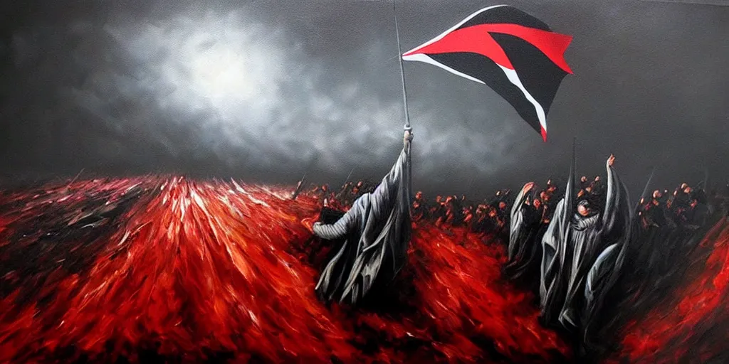 Image similar to dramatic epic dark oil painting of freedom for palestine, red green white black