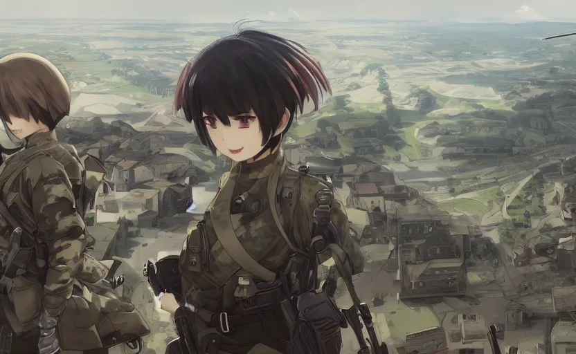 Image similar to panoramic view, girl, soldier clothing, battlefield in background, anime style, short hair, hair down, real faces, realistic anatomy, symmetrical facial features, from arknights, hyper realistic, 4 k, extreme detail, detailed drawing, trending artstation, safebooru, realistic lighting, by alphonse mucha, greg rutkowski, anime eyes, sharp focus