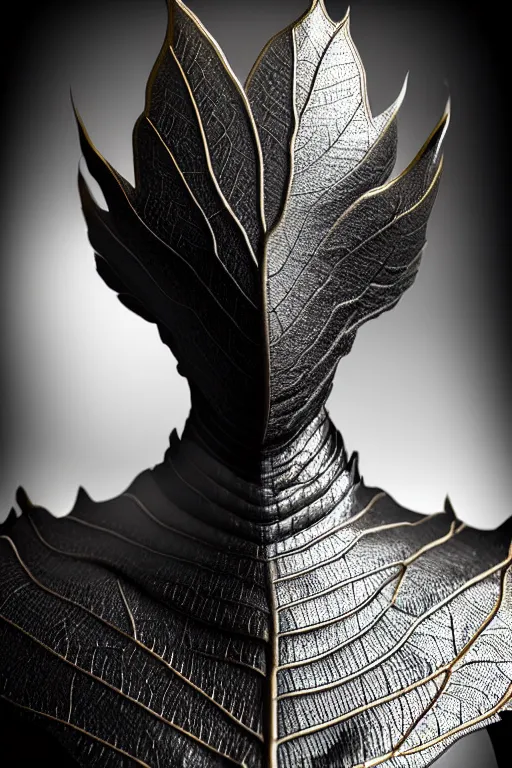 Image similar to monochrome close - up profile face, black background, beautiful young porcelain vegetal - dragon - cyborg - female, 1 5 0 mm, beautiful natural soft rim light, silver gold details, magnolia leaves and stems, roots, mandelbot fractal, elegant, hyper real, ultra detailed, white metallic armour, octane render, 1 6 k