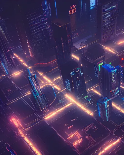 Image similar to cyberpunk scifi scene of a city at night, aerial view, craft flying, artstation, matt painting, very detailed, maximalism, ambient occlusion, volumetric light, atmospheric haze, unreal engine, hyper realism, realistic shading, cinematic composition, realistic render, octane render, detailed textures, photorealistic, wide shot