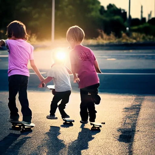 Image similar to three children belly - skateboarding on busy highway, award winning photograph, lens flare, 3 5 mm, cinematic