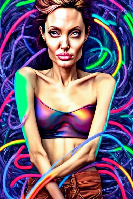 Image similar to a award winning half body portrait of a angelina jolie with stunning eyes in a croptop and cargo pants with rainbow colored hair, outlined by whirling illuminated neon lines and fine lines swirling in circles by jesper ejsing and rhads and makoto and shinkai and lois van baarle, digital art, trending on artstation