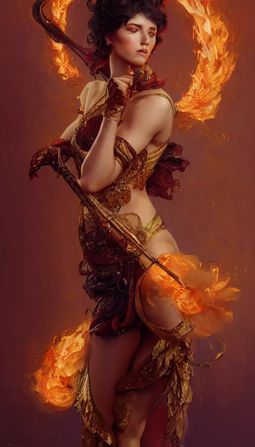Prompt: fire twirler, passionate , seductive, sweaty, intricate fashion clothing, insane, intricate, highly detailed, digital painting, artstation, concept art, smooth, sharp focus, illustration, Unreal Engine 5, 8K, art by artgerm and greg rutkowski and alphonse mucha