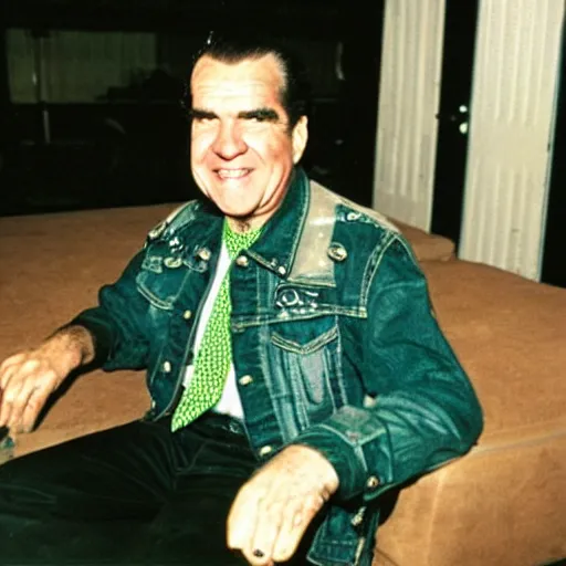 Image similar to photograph of richard nixon as a punk rocker, with a green mohawk and a studded denim jacket