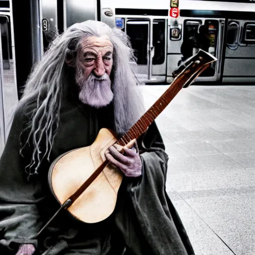 Image similar to a photograph of a washed up gandalf busking on a subway platform