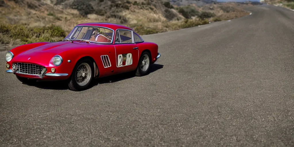 Image similar to photograph, 1958 FERRARI 250 GT, bronze paint, by Peter Singhof, press release, cinematic, pacific coast highway, 8k, depth of field, bokeh. rule of thirds