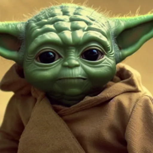 Image similar to A film still of Baby Yoda as a apocalyptic fully trained jedi realistic,detailed