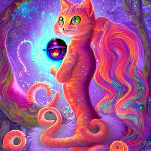 Prompt: autistic bisexual cat seahorse shapeshifter, long haired attractive androgynous humanoid, weirdcore voidpunk fursona, detailed coherent painterly complete character design turnaround, digital art by delphin enjolras, wlop, louis wain, lisa frank, furaffinity, cgsociety, trending on deviantart