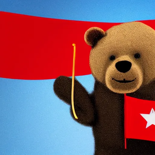 Image similar to a portrait of a socialist bear in a uniform waving a red flag