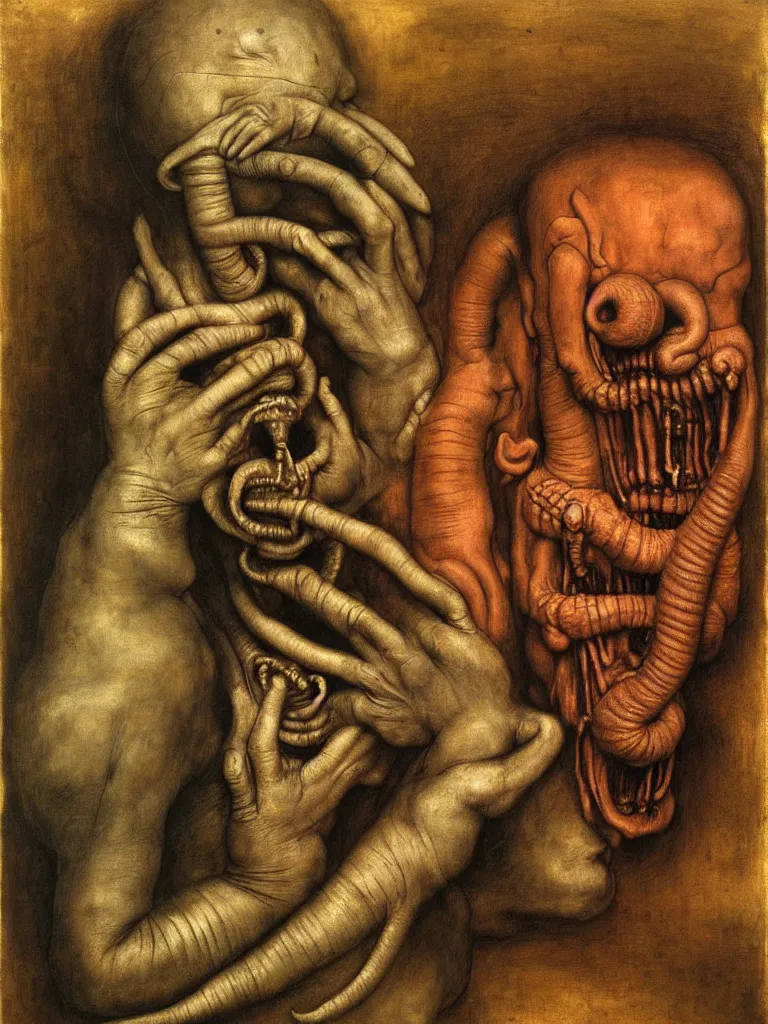 Image similar to a boy like eraserhead and elephant man with his hand, looking straight into camera, screaming in desperation, by giuseppe arcimboldo and ambrosius benson, renaissance, fruit, intricate and intense oil paint, a touch of beksinski and hr giger and edward munch, realistic, rules of composition, headspace