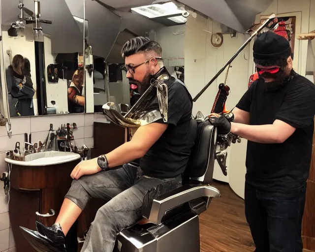 Prompt: Trombone chainsaw cyberpunk barbershop