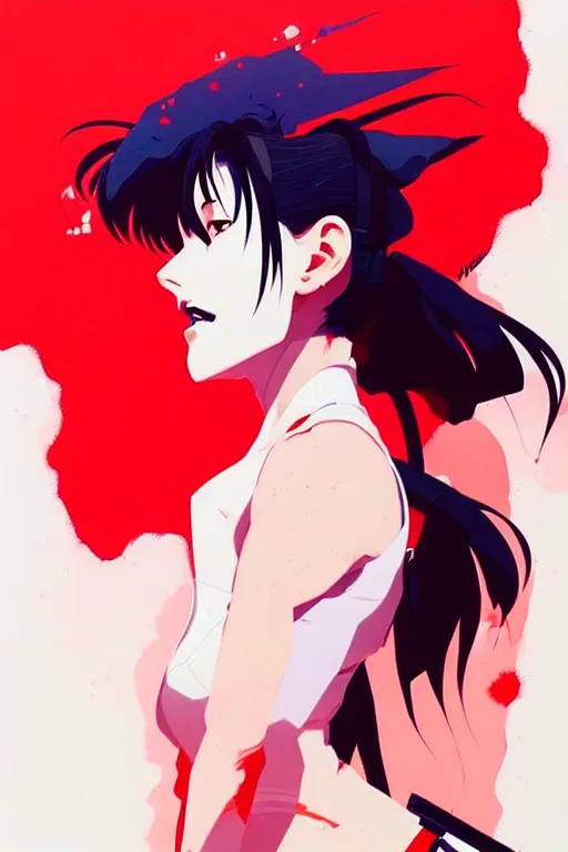 Image similar to a ultradetailed beautiful painting of misato from evangelion, by conrad roset, greg rutkowski and makoto shinkai trending on artstation