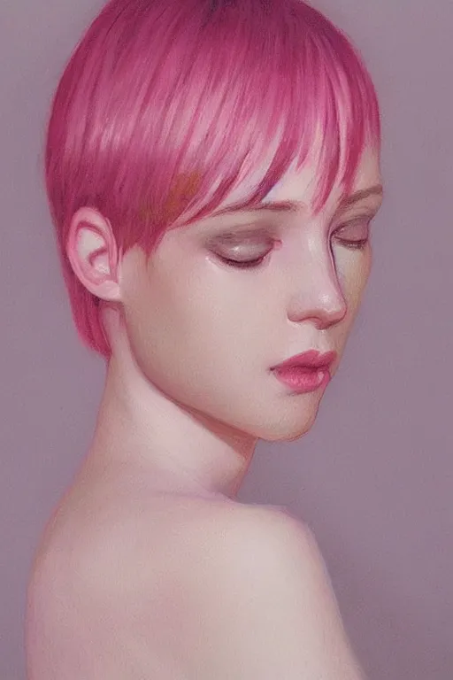 Image similar to “Portrait of a pale skin female with short pink hair, elegant, photorealistic, highly detailed, artstation, smooth, sharp focus, gold, neon lighting, sci-fi, art by Klimt.”