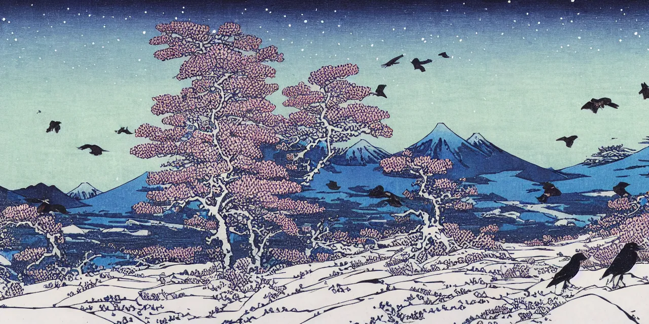 Image similar to laurentian appalachian mountains in winter, unique, original and creative landscape by hokusai, snowy night, distant town lights, aurora borealis, deers, ravens and crows, footsteps in the snow, brilliant composition, fascinating textures