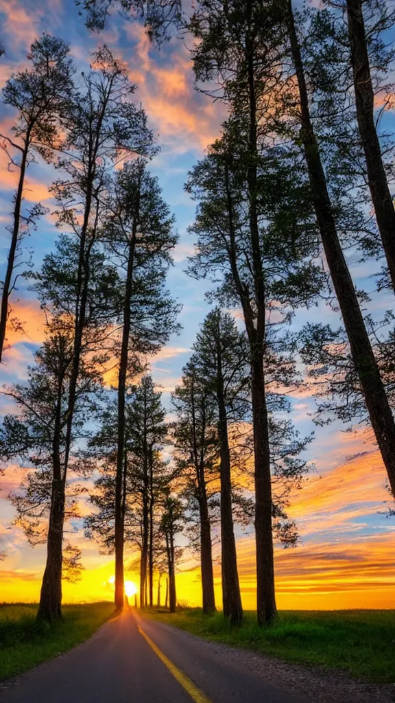 Image similar to beautiful sunset with a road of aligned trees, epic stock photo