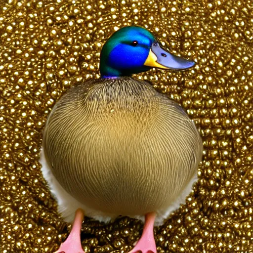 Image similar to a photo of a mallard wearing golden jewelry, necklace