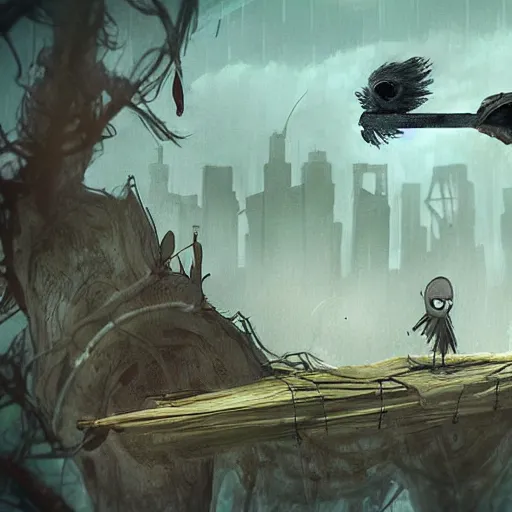 Image similar to a tiny gloomy reaper sitting on a tree log, holding its scythe and watches a little happy bird flying around a extrem destroyed fallout city with extrem radioactive aspects, by aleksandra waliszewska and aoi ogata, dystopian concept horror art