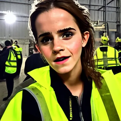 Prompt: photo, close up, emma watson in a hi vis vest, in warehouse, concerned expression, android cameraphone, snapchat story screenshot, 2 6 mm,