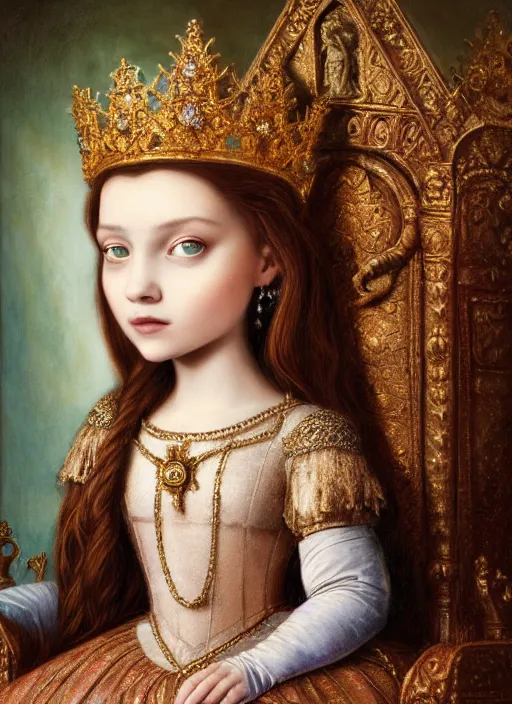 Image similar to highly detailed closeup portrait of a medieval princess wearing a crown and sitting on a throne, nicoletta ceccoli, mark ryden, lostfish, global illumination, god rays, detailed and intricate environment