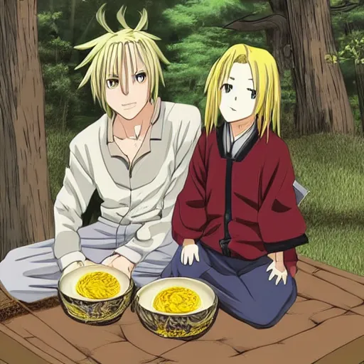 Prompt: edward elric spending time with izumi kurtis at a japanese traditional house in the middle of the forest eating ramen