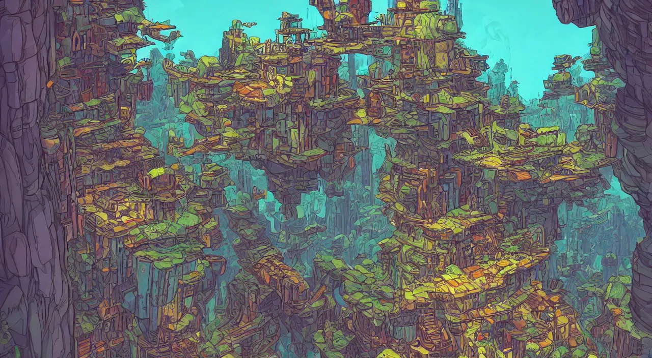 Prompt: open door wood wall fortress airship greeble block amazon jungle on portal unknow world ambiant fornite colorful that looks like it is from borderlands and by feng zhu and loish and laurie greasley, victo ngai, andreas rocha, john harris