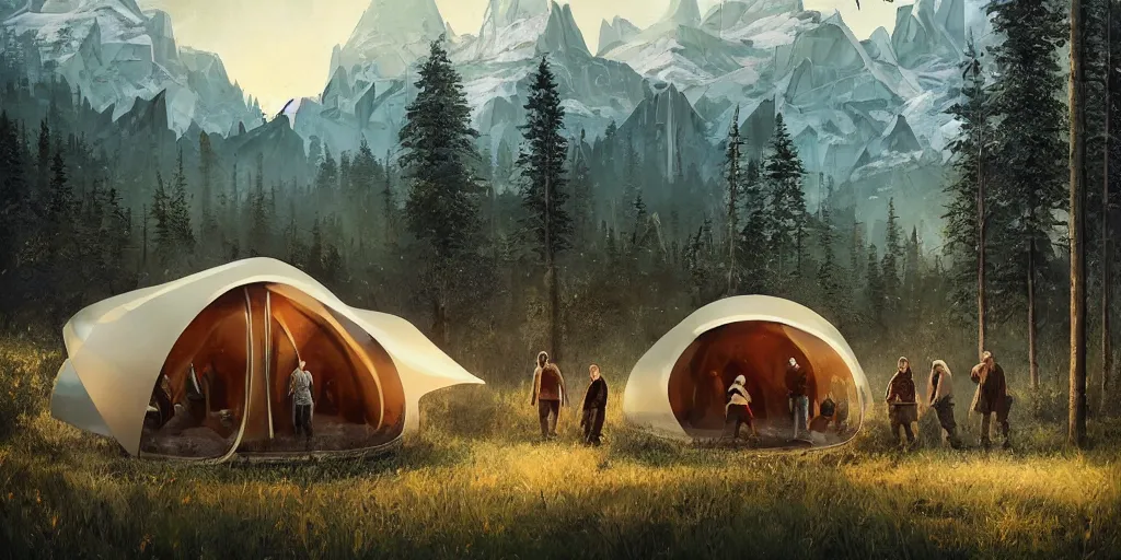 Image similar to cabela's tent futuristic pop up family pod, cabin, modular, person in foreground, mountainous forested wilderness open fields, beautiful views, painterly concept art, joanna gaines, environmental concept art, farmhouse, magnolia, concept art illustration by ross tran, by james gurney, by craig mullins, by greg rutkowski trending on artstation