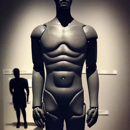 Image similar to “ a realistic detailed photo of a guy who is an attractive humanoid who is half robot and half humanoid, who is a male android, actor liam hemsworth, shiny skin, posing like a statue, blank stare, at the museum, on display ”