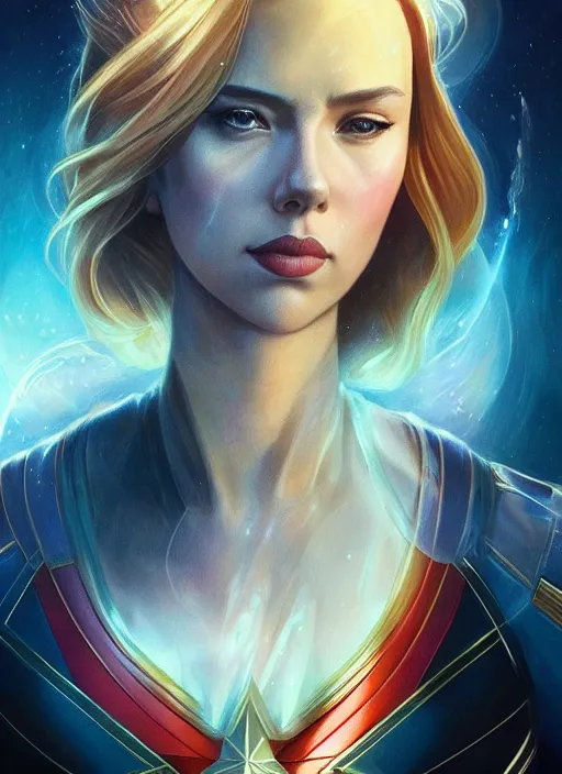 Image similar to Scarlett Johansson as Captain Marvel, fantasy, intricate, elegant, highly detailed, digital painting, artstation, concept art, smooth, sharp focus, illustration, art by artgerm and greg rutkowski and alphonse mucha