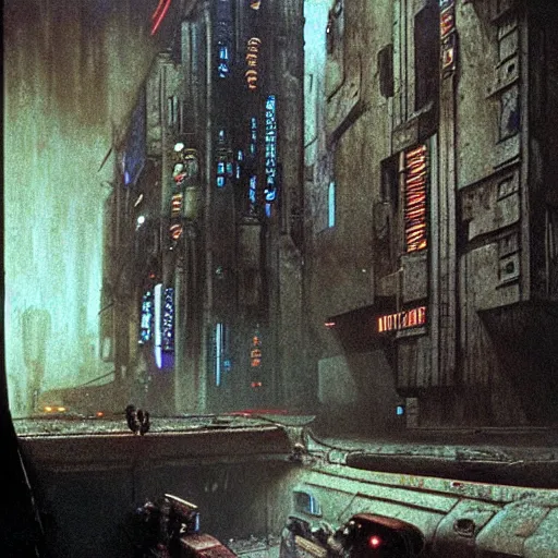 Image similar to from movie bladerunner, a scifi vehicle in a street, beksinski, scene from bladerunner movie