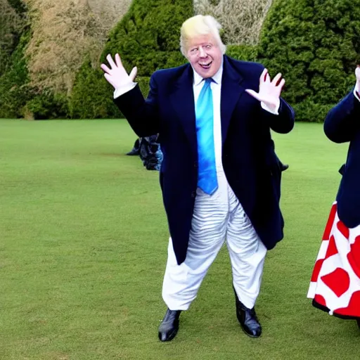 Image similar to Boris Johnson and Donald Trump as short tweedle dee and tweedle dum in an enchanted world Alice in wonderland