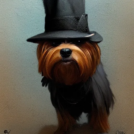 Image similar to detective yorkshire terrier wearing a fedora, in a dark alley, Greg Rutkowski, art station