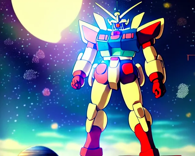 Image similar to anime illustration of a large robust gundam, over looking saturn, wide shot, bokeh, ilya kuvshinov, anime, pixiv top monthly, trending on artstation, cinematic, danbooru, zerochan art, kyoto animation