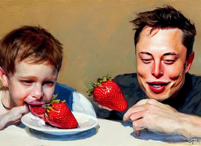 Image similar to a highly detailed beautiful portrait of elon musk eating strawberry by gregory manchess, james gurney, james jean