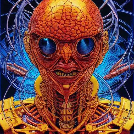 Image similar to portrait of crazy alien, symmetrical, by yoichi hatakenaka, masamune shirow, josan gonzales and dan mumford, ayami kojima, takato yamamoto, barclay shaw, karol bak, yukito kishiro