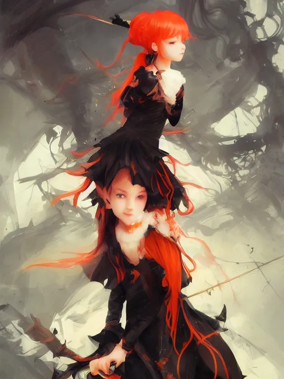 Image similar to Full shot of a cute mischievous young witch about to get up to some trouble. Black and Orange palette. By Ruan Jia and Artgerm and Range Murata and WLOP and CLAMP. Key Art. Fantasy Illustration. award winning, Artstation, intricate details, realistic, Hyperdetailed, 8k resolution.