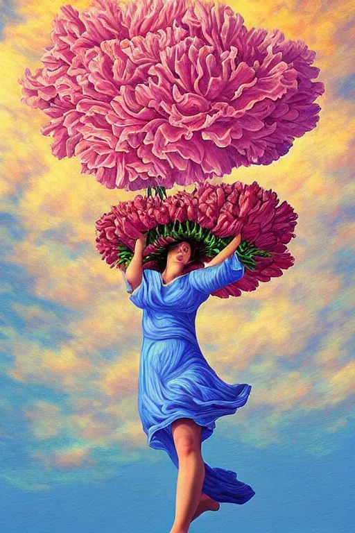 Image similar to closeup, giant carnation flower head, woman falling through clouds in sky, surreal, impressionist painting, digital painting, artstation, rob gonsalves